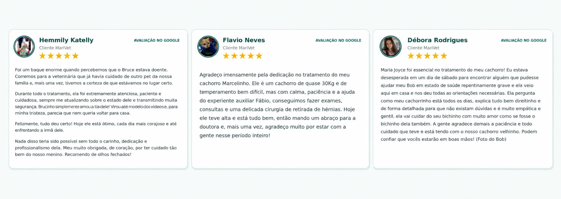 Três avaliações reais de clientes da MariVet no Google, com nota cinco estrelas